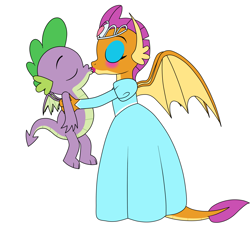 Size: 2357x2171 | Tagged: safe, artist:eagc7, imported from derpibooru, smolder, spike, dragon, clothes, dragoness, dress, eyes closed, eyeshadow, female, jewelry, kiss on the lips, kissing, lipstick, magic, makeup, male, patreon, patreon reward, princess smolder, shipping, simple background, size difference, spolder, straight, tiara, white background