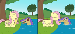 Size: 5609x2533 | Tagged: safe, artist:eagc7, imported from derpibooru, fluttershy, dinosaur, pegasus, pony, comic, crossover, heart, kissing, mo, ophthalmosaurus, patreon, patreon reward, the land before time, the land before time 9: journey to big water, tree, water