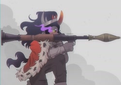 Size: 2048x1430 | Tagged: safe, artist:ghoulhowls, imported from derpibooru, king sombra, anthro, armor, cape, clothes, jewelry, male, pants, regalia, rpg, rpg-7, simple background, smoke, solo, sombra eyes, weapon