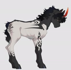 Size: 2048x2023 | Tagged: safe, artist:ghoulhowls, imported from derpibooru, oc, oc only, oc:vadim(ghoulhowls), pony, unicorn, colored horn, curved horn, horn, looking down, male, patterned coat, sad, solo, sombra horn, unicorn oc