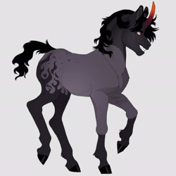 Size: 2048x2048 | Tagged: safe, artist:ghoulhowls, imported from derpibooru, oc, oc only, oc:alastair(ghoulhowls), pony, unicorn, colored horn, curved horn, horn, looking at you, male, simple background, smiling, smiling at you, solo, sombra horn, unicorn oc, white background