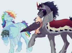 Size: 2048x1514 | Tagged: safe, artist:ghoulhowls, imported from derpibooru, king sombra, rainbow dash, tank, bird, eagle, pegasus, pony, unicorn, armor, cape, clothes, looking at each other, looking at someone, rainbow blitz, rule 63, simple background, smiling, sombra eyes, this will end in tears, uneasy