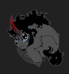 Size: 1194x1275 | Tagged: safe, artist:ghoulhowls, imported from derpibooru, king sombra, pony, unicorn, big eyes, crying, curled up, fetal position, gray background, horn, male, sad, simple background, solo, stallion, teary eyes