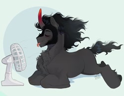 Size: 2048x1577 | Tagged: safe, artist:ghoulhowls, imported from derpibooru, king sombra, pony, unicorn, chest fluff, cute, eyes closed, fan, lying down, male, missing accessory, mlem, silly, solo, sombradorable, tongue out