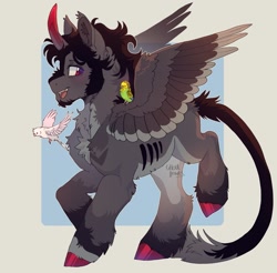 Size: 1623x1594 | Tagged: safe, artist:ghoulhowls, imported from derpibooru, oc, oc only, oc:somber(ghoulhowls), alicorn, bird, pony, alicorn oc, budgie, chest fluff, colored hooves, colored horn, curved horn, cute, ear fluff, facial hair, goatee, horn, kinsona, leonine tail, long tail, not sombra, sideburns, simple background, sitting on person, sitting on pony, smiling, sombra horn, spread wings, tail, unshorn fetlocks, weapons-grade cute, wings