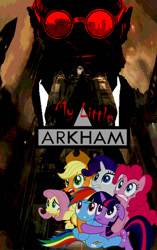 Size: 452x720 | Tagged: safe, artist:adhd365, imported from derpibooru, applejack, fluttershy, pinkie pie, rainbow dash, rarity, twilight sparkle, earth pony, pegasus, pony, unicorn, fanfic:my little arkham, arkham city, batman, crossover, dc comics, fanfic, fanfic art, fanfic cover, female, hug, hugo strange, mane six, mare, scared