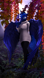 Size: 2160x3840 | Tagged: artist needed, safe, imported from derpibooru, princess luna, alicorn, anthro, 3d, clothes, female, flower, rose, solo, source filmmaker, sweater, winged anthro, wings