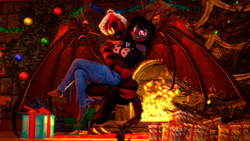Size: 3840x2160 | Tagged: safe, imported from derpibooru, oc, anthro, plantigrade anthro, 3d, christmas, christmas tree, couple, duo, fire, fireplace, holiday, love, present, red nose, source filmmaker, tree