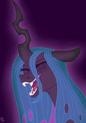 Size: 2793x4000 | Tagged: safe, artist:ponykittenboi, imported from derpibooru, queen chrysalis, changeling, blushing, eyes closed, female, laughing, open mouth, outline, purple background, scene interpretation, screencap reference, signature, simple background, smiling, solo, teeth, tongue out, watermark
