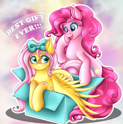 Size: 5000x5058 | Tagged: safe, artist:mailner, imported from derpibooru, fluttershy, pinkie pie, earth pony, pegasus, pony, absurd resolution, bow, box, cute, duo, excited, female, hair bow, heart, heart eyes, holiday, looking at each other, looking at someone, looking back, open mouth, open smile, outline, pony in a box, present, simple background, smiling, spread wings, starry eyes, white outline, wingding eyes, wings
