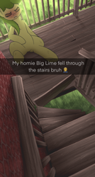 Size: 1500x2791 | Tagged: safe, artist:cherry pop, imported from derpibooru, oc, oc:key lime, earth pony, blushing, brick wall, caption, dirty, emoji, lying down, meme, on back, snapchat, solo, stairs, sweat, text, wood