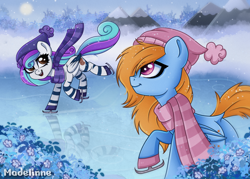 Size: 2616x1875 | Tagged: safe, artist:madelinne, imported from derpibooru, oc, oc only, oc:comet dasher, oc:cookie crumbler, pegasus, pony, butt, clothes, commission, dock, duo, hat, ice, plot, reflection, scarf, skating, snow, snowfall, striped scarf, tail, winter, ych result