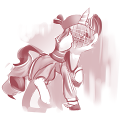 Size: 625x579 | Tagged: safe, artist:applepost67, imported from derpibooru, rarity, pony, unicorn, clothes, dress, female, hat, mare, monochrome, redscale, simple background, solo, veil, white background