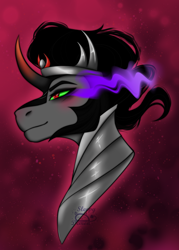 Size: 2500x3500 | Tagged: safe, artist:sleepydemon18, imported from derpibooru, king sombra, umbrum, unicorn, antagonist, bust, colored horn, curved horn, dark magic, horn, magic, red eyes, simple background, sombra eyes, sombra horn, umbra pony, villains of equestria