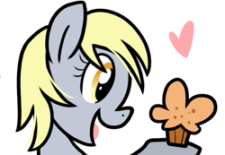 Size: 597x414 | Tagged: safe, artist:paperbagpony, imported from derpibooru, derpy hooves, floating heart, food, heart, muffin, simple background, white background