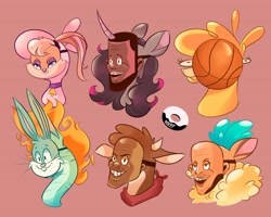 Size: 4096x3277 | Tagged: safe, artist:poxy_boxy, imported from derpibooru, alpaca, cow, deer, dragon, hybrid, lamb, longma, reindeer, sheep, unicorn, them's fightin' herds, arizona (tfh), basketball, brown background, bugs bunny, bust, community related, female, fightin' six, lebron james, lola bunny, mask, oleander (tfh), paprika (tfh), pom (tfh), simple background, space jam, sports, tianhuo (tfh), velvet (tfh), wat, why