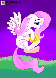 Size: 1474x2048 | Tagged: safe, artist:thread8, imported from derpibooru, fluttershy, pegasus, pony, amberial dreams, female, floppy ears, flying, holding, looking at something, looking down, mare, pink mane, profile, smiling, solo, spread wings, wings, yellow coat