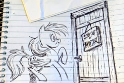 Size: 1024x692 | Tagged: safe, artist:mellodillo, imported from derpibooru, derpy hooves, pegasus, pony, door, female, frown, lined paper, mare, pen drawing, sign, solo, traditional art