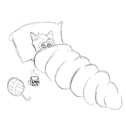 Size: 2222x2222 | Tagged: safe, artist:tigerbeetle, derpibooru exclusive, imported from derpibooru, capper dapperpaws, abyssinian, annoyed, mug, simple background, sketch, sleeping bag, solo, steam, waking up, white background, yarn, yarn ball