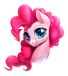 Size: 512x576 | Tagged: safe, imported from derpibooru, pinkie pie, earth pony, pony, ai content, ai generated, bust, cute, female, generator:stable diffusion, looking at you, portrait, simple background, smiling, solo, white background