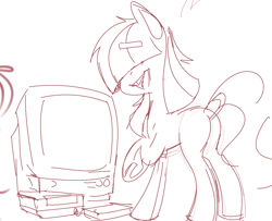 Size: 1037x844 | Tagged: artist needed, safe, imported from derpibooru, oc, oc only, oc:dot matrix, earth pony, pony, /mlp/, butt, female, hair over eyes, looking back, mare, monochrome, nintendo entertainment system, open mouth, open smile, plot, sketch, smiling, solo, television, thick eyebrows