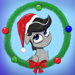 Size: 2100x2100 | Tagged: safe, artist:chopsticks, imported from derpibooru, oc, oc only, oc:chopsticks, pegasus, pony, bauble, bow, chipped tooth, christmas, hat, holiday, looking at you, male, ornament, profile picture, santa hat, simple background, solo, wreath