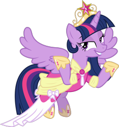 Size: 3440x3669 | Tagged: safe, artist:sketchmcreations, imported from derpibooru, twilight sparkle, alicorn, pony, clothes, coronation dress, crown, dress, female, flying, jewelry, mare, regalia, shrug, simple background, smiling, smug, solo, transparent background, twilight sparkle (alicorn), vector
