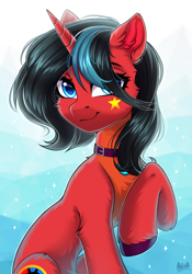 Size: 2100x3000 | Tagged: safe, artist:hakaina, imported from derpibooru, oc, oc only, oc:cheri, pony, unicorn, blue eyes, cheek fluff, collar, ear fluff, eyelashes, fluffy, leg fluff, looking at you, multicolored mane, pale belly, raised hoof, sitting, slim, solo, unshorn fetlocks