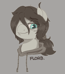 Size: 800x900 | Tagged: safe, anonymous artist, imported from derpibooru, oc, oc only, oc:floor bored, earth pony, pony, /mlp/, bust, clothes, female, grayscale, hoodie, lidded eyes, mare, monochrome, partial color, ponytail, smiling, solo