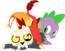 Size: 3542x2769 | Tagged: safe, artist:porygon2z, imported from derpibooru, spike, oc, oc:heatwave, dragon, griffon, broken horn, butt, chickub, collar, griffon oc, horn, king clawthorne, male, plot, porygon2z's trio, show accurate, simple background, skull, the owl house, titan, transparent background