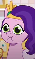 Size: 403x671 | Tagged: safe, imported from derpibooru, screencap, pipp petals, pegasus, pony, spoiler:g5, spoiler:my little pony: tell your tale, spoiler:tyts01e38, big eyes, cookie, cropped, dilated pupils, eating, female, foal food, food, g5, mare, my little pony: tell your tale, puffy cheeks