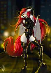 Size: 820x1180 | Tagged: safe, artist:stirren, imported from derpibooru, oc, anthro, bat pony, unguligrade anthro, ballgag, bat pony oc, blurry background, bodysuit, clothes, commission, female, gag, gloves, harness, long hair, long tail, night, pinup, pose, socks, solo, tack, tail, ych result