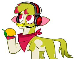Size: 1560x1230 | Tagged: safe, artist:nonameorous, imported from derpibooru, oc, cow, them's fightin' herds, clothes, cloven hooves, community related, food, headset, headset mic, hoof hold, lemon, looking up, raised hoof, scarf, simple background, solo, standing, tfh oc, transparent background