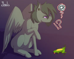 Size: 1280x1024 | Tagged: safe, artist:souladdicted, imported from derpibooru, oc, frog, pegasus, pony, behaving like a cat, confused, ear piercing, exclamation point, interrobang, piercing, question mark, sitting, x eyes