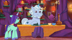 Size: 800x450 | Tagged: safe, imported from derpibooru, screencap, pony, unicorn, spoiler:g5, spoiler:my little pony: tell your tale, spoiler:tyts01e38, alphabittle blossomforth, animated, beret, chef's hat, close-up, crystal tea room, duo, female, foal food, freckles, g5, gif, hat, male, mare, my little pony: tell your tale, onyx, smiling, solo focus, stallion, youtube link