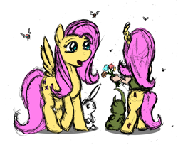 Size: 1254x1022 | Tagged: safe, artist:dreadlime, imported from derpibooru, angel bunny, fluttershy, oc, oc:ivy, hybrid, parasprite, pegasus, satyr, chaos, female, flower, looking at each other, looking at someone, mother and child, mother and daughter, nurgling, offspring, open mouth, open smile, parent:fluttershy, simple background, smiling, spread wings, traditional art, warhammer (game), warhammer fantasy, white background, wings
