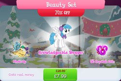Size: 1268x853 | Tagged: safe, imported from derpibooru, lightning bolt, white lightning, pegasus, pony, bundle, bush, camera, cardboard cutout, clothes, costs real money, earmuffs, english, female, flower, gameloft, mare, my little pony: magic princess, numbers, official, sale, scarf, snow, solo, solo focus, spread wings, text, wings