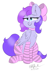 Size: 2521x3433 | Tagged: safe, artist:lunastaralight, imported from derpibooru, oc, oc only, pegasus, pony, bow, chest fluff, clothes, hair bow, simple background, socks, solo, striped socks, white background