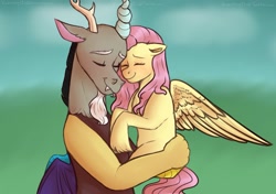 Size: 2247x1583 | Tagged: safe, artist:violetpony11, imported from derpibooru, discord, fluttershy, draconequus, pegasus, pony, blushing, discoshy, doodle, eyes closed, female, grass, holding a pony, horn, hug, male, mare, shipping, straight
