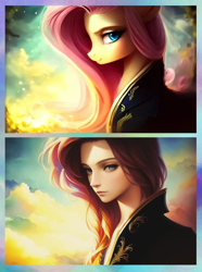 Size: 800x1075 | Tagged: safe, edit, generator:different dimension me, imported from derpibooru, fluttershy, human, pony, ai content, ai generated, clothes, cute, female, generator:stable diffusion, humanized, looking at you, mare, profile, qq小世界, smiling, smiling at you, solo