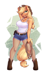 Size: 2208x3508 | Tagged: safe, artist:dandy, edit, imported from derpibooru, applejack, anthro, earth pony, unguligrade anthro, abs, arm behind head, armpits, bare shoulders, belly button, belt, belt buckle, big breasts, boots, breasts, busty applejack, chest fluff, chest freckles, cleavage, clothes, cowboy boots, cowboy hat, denim, denim shorts, ear fluff, female, freckles, green eyes, grin, hair tie, hat, high res, jeans, looking at you, one eye closed, pants, pantyhose, rope, shoes, shorts, sleeveless, smiling, smirk, solo, stetson, stupid sexy applejack, sweat, tanktop, wink