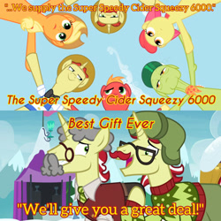 Size: 3072x3072 | Tagged: safe, edit, edited screencap, editor:itsmgh1203, imported from derpibooru, screencap, apple bloom, applejack, big macintosh, flam, flim, granny smith, earth pony, pony, unicorn, best gift ever, season 2, the super speedy cider squeezy 6000, apple bloom's bow, applejack's hat, bow, brothers, cowboy hat, female, filly, flim flam brothers, foal, hair bow, hat, male, mare, open mouth, open smile, siblings, smiling, stallion, text