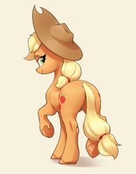 Size: 2650x3400 | Tagged: safe, artist:aquaticvibes, imported from derpibooru, applejack, earth pony, pony, applebutt, applejack's hat, butt, cowboy hat, female, hat, high res, looking at you, looking back, looking back at you, mare, plot, rear view, simple background, smiling, smiling at you, underhoof