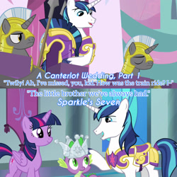 Size: 3072x3072 | Tagged: safe, edit, edited screencap, editor:itsmgh1203, imported from derpibooru, screencap, shining armor, spike, twilight sparkle, alicorn, dragon, pony, unicorn, a canterlot wedding, season 2, season 9, sparkle's seven, spoiler:s09, crown, eyes closed, female, hard-won helm of the sibling supreme, male, mare, open mouth, open smile, royal guard, smiling, stallion, text, twilight sparkle (alicorn), unicorn royal guard, winged spike, wings