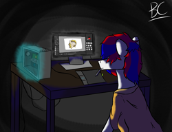 Size: 3000x2300 | Tagged: safe, artist:bosscakes, imported from derpibooru, oc, oc:bosscakes, earth pony, clothes, computer, dark room, drawing tablet, shirt, solo, table