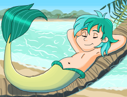 Size: 1089x830 | Tagged: safe, artist:ocean lover, imported from derpibooru, sandbar, human, merboy, merman, arm behind head, beach, belly, belly button, blue sky, chest, cute, eyes closed, fins, handsome, hill, human coloration, humanized, island, lying down, male, mermanized, ocean, palm tree, raised tail, relaxing, resting, sand, shadow, sky, sleeping, smiling, solo, species swap, tail, tail fin, teenager, tree, tropical, water, wave