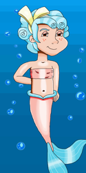 Size: 705x1414 | Tagged: safe, artist:ocean lover, imported from derpibooru, cozy glow, human, mermaid, antagonist, bandeau, bare shoulders, belly, belly button, blue background, bow, bubble, child, creepy, evil, evil grin, evil smirk, female, fins, fish tail, freckles, grin, hair bow, human coloration, humanized, looking at you, mermaid tail, mermaidized, mischievous, not salmon, ocean, red eyes, salmon yet not salmon, simple background, sleeveless, smiling, smirk, solo, species swap, tail, tail fin, underwater, villainess, wat, water