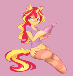 Size: 1714x1776 | Tagged: safe, artist:fajeh, imported from derpibooru, sunset shimmer, semi-anthro, unicorn, bottomless, clothes, hat, hoof hold, partial nudity, party hat, shirt, simple background, sitting, smiling, socks, solo, striped socks, thigh highs