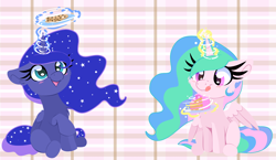 Size: 1642x954 | Tagged: safe, artist:lbrcloud, imported from derpibooru, princess celestia, princess luna, alicorn, pony, abstract background, blushing, cake, cakelestia, cewestia, cookie, cute, duo, female, filly, foal, folded wings, food, glowing, glowing horn, horn, lunabetes, magic, magic aura, royal sisters, siblings, sisters, smiling, telekinesis, tongue out, wings, wings down, woona, younger