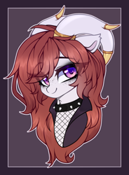 Size: 1290x1748 | Tagged: safe, artist:_spacemonkeyz_, imported from derpibooru, oc, oc only, oc:kumikoshy, pony, bust, clothes, collar, female, fishnets, horns, jacket, mare, purple eyes, solo